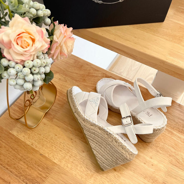 PRADA 26S CROSS STRAP ESPADRILLE WEDGE SANDALS IN CREAM WHITE CALFSKIN