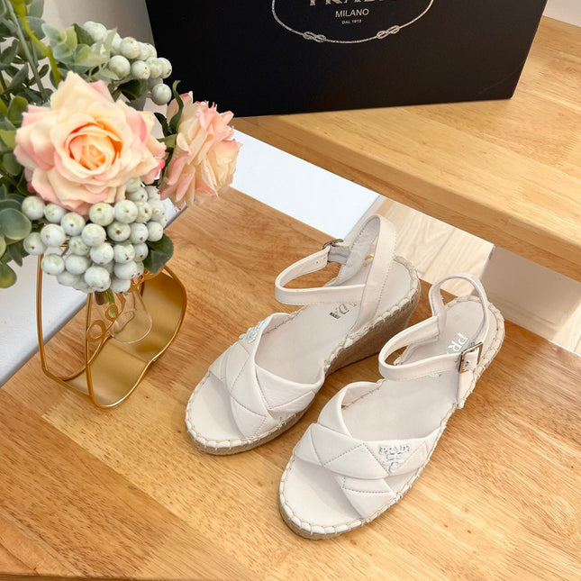 PRADA 26S CROSS STRAP ESPADRILLE WEDGE SANDALS IN CREAM WHITE CALFSKIN