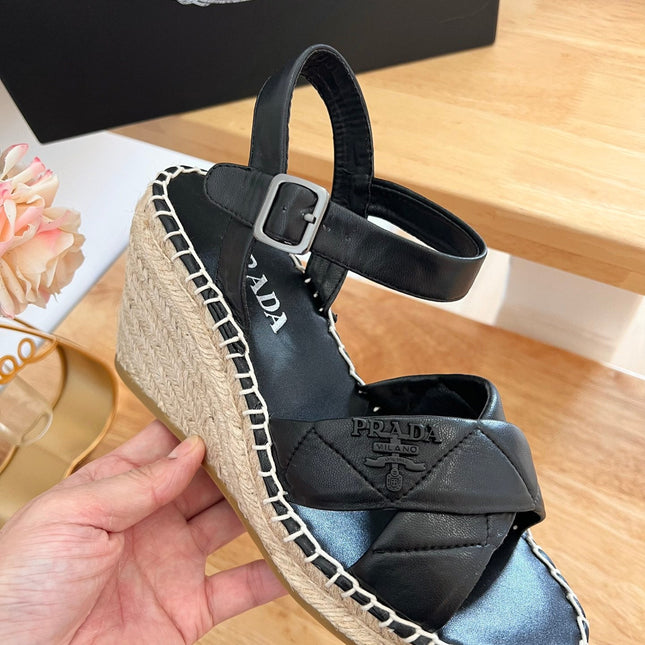 PRADA 26S CROSS STRAP ESPADRILLE WEDGE SANDALS IN BLACK CALFSKIN