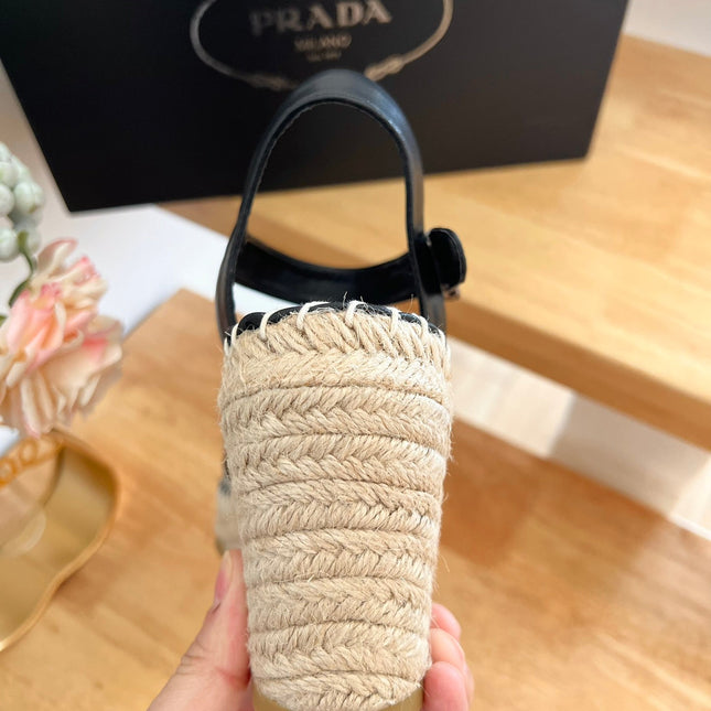 PRADA 26S CROSS STRAP ESPADRILLE WEDGE SANDALS IN BLACK CALFSKIN