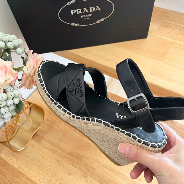 PRADA 26S CROSS STRAP ESPADRILLE WEDGE SANDALS IN BLACK CALFSKIN