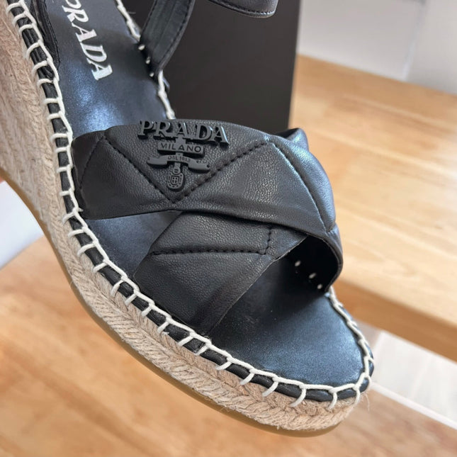 PRADA 26S CROSS STRAP ESPADRILLE WEDGE SANDALS IN BLACK CALFSKIN