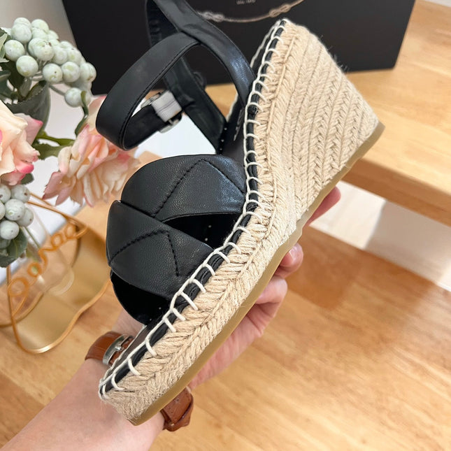 PRADA 26S CROSS STRAP ESPADRILLE WEDGE SANDALS IN BLACK CALFSKIN