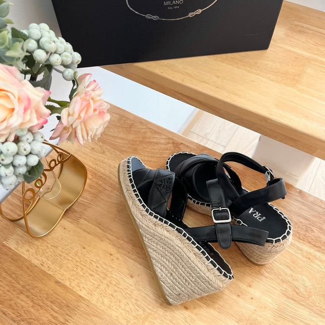 PRADA 26S CROSS STRAP ESPADRILLE WEDGE SANDALS IN BLACK CALFSKIN