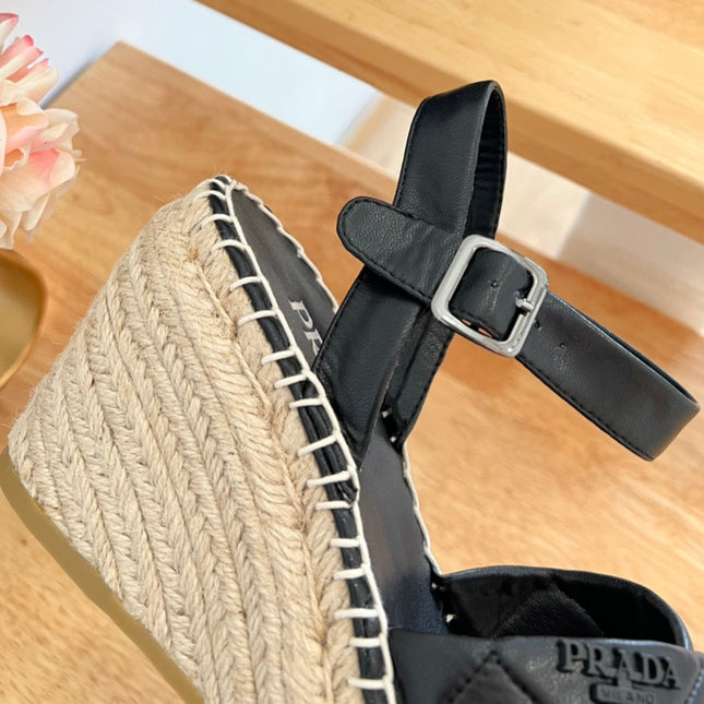 PRADA 26S CROSS STRAP ESPADRILLE WEDGE SANDALS IN BLACK CALFSKIN