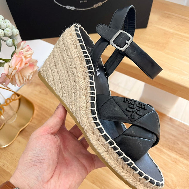 PRADA 26S CROSS STRAP ESPADRILLE WEDGE SANDALS IN BLACK CALFSKIN