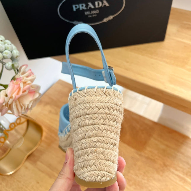 PRADA 26S CROSS STRAP ESPADRILLE WEDGE SANDALS IN SKY BLUE CALFSKIN