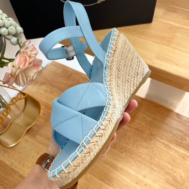 PRADA 26S CROSS STRAP ESPADRILLE WEDGE SANDALS IN SKY BLUE CALFSKIN