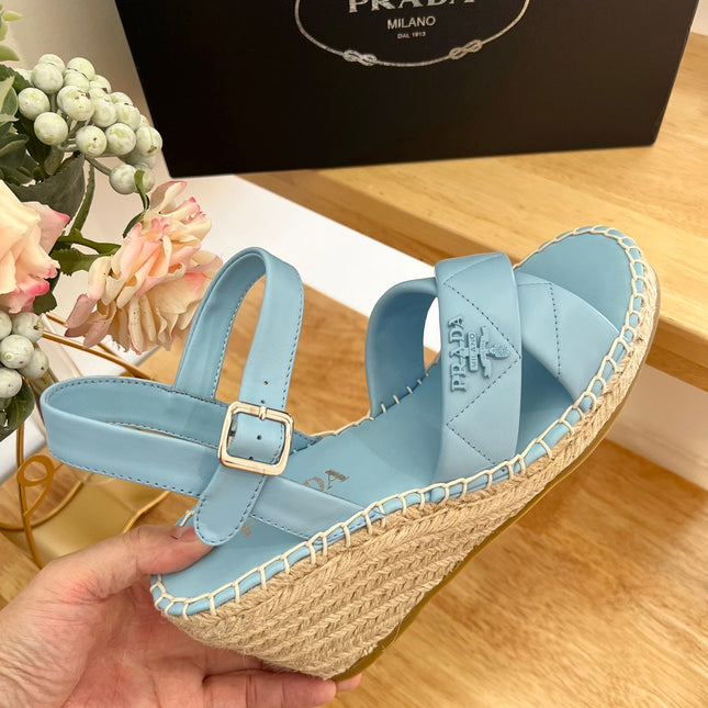 PRADA 26S CROSS STRAP ESPADRILLE WEDGE SANDALS IN SKY BLUE CALFSKIN