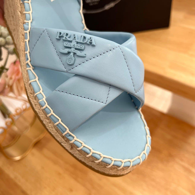 PRADA 26S CROSS STRAP ESPADRILLE WEDGE SANDALS IN SKY BLUE CALFSKIN