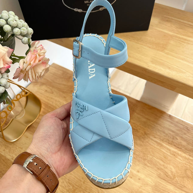 PRADA 26S CROSS STRAP ESPADRILLE WEDGE SANDALS IN SKY BLUE CALFSKIN