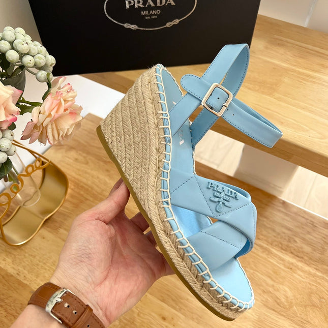 PRADA 26S CROSS STRAP ESPADRILLE WEDGE SANDALS IN SKY BLUE CALFSKIN