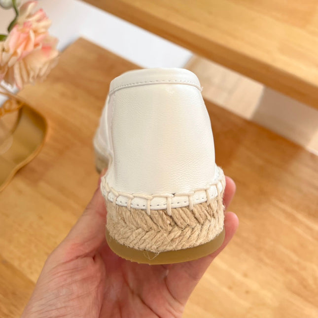 PRADA 26S EMBROIDERED LOGO ESPADRILLE FLATS IN IVORY WHITE MESH AND CALFSKIN
