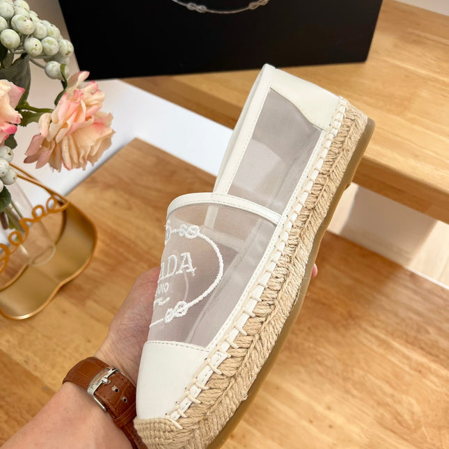 PRADA 26S EMBROIDERED LOGO ESPADRILLE FLATS IN IVORY WHITE MESH AND CALFSKIN