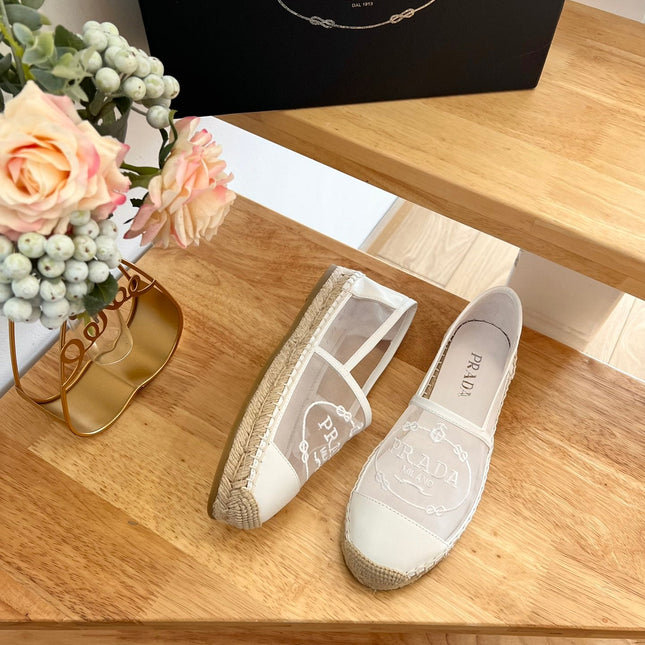 PRADA 26S EMBROIDERED LOGO ESPADRILLE FLATS IN IVORY WHITE MESH AND CALFSKIN