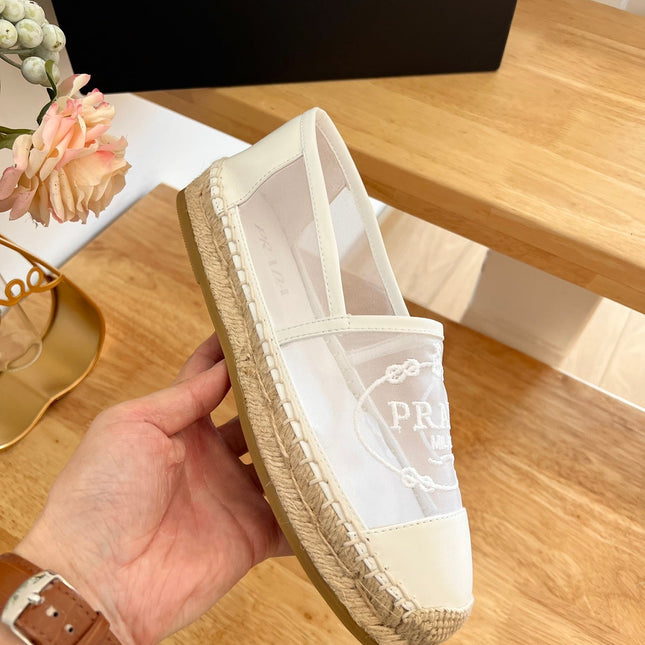 PRADA 26S EMBROIDERED LOGO ESPADRILLE FLATS IN IVORY WHITE MESH AND CALFSKIN