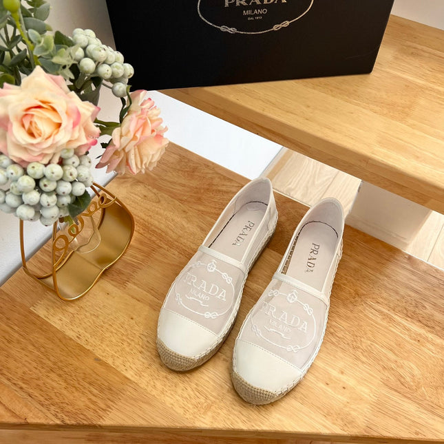 PRADA 26S EMBROIDERED LOGO ESPADRILLE FLATS IN IVORY WHITE MESH AND CALFSKIN