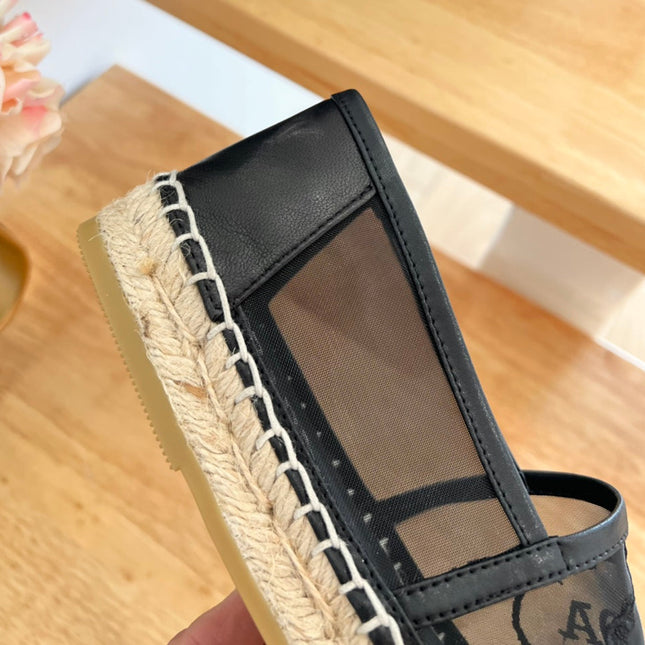PRADA 26S EMBROIDERED LOGO ESPADRILLE FLATS IN BLACK MESH AND CALFSKIN