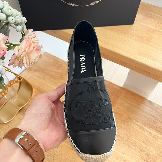 PRADA 26S EMBROIDERED LOGO ESPADRILLE FLATS IN BLACK MESH AND CALFSKIN