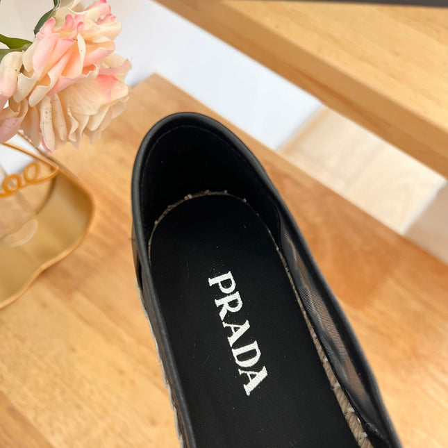 PRADA 26S EMBROIDERED LOGO ESPADRILLE FLATS IN BLACK MESH AND CALFSKIN