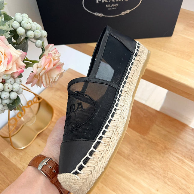 PRADA 26S EMBROIDERED LOGO ESPADRILLE FLATS IN BLACK MESH AND CALFSKIN