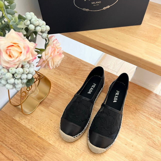PRADA 26S EMBROIDERED LOGO ESPADRILLE FLATS IN BLACK MESH AND CALFSKIN