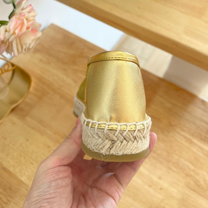 PRADA 26S EMBROIDERED LOGO ESPADRILLE FLATS IN GOLD MESH AND CALFSKIN