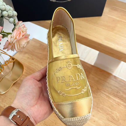 PRADA 26S EMBROIDERED LOGO ESPADRILLE FLATS IN GOLD MESH AND CALFSKIN