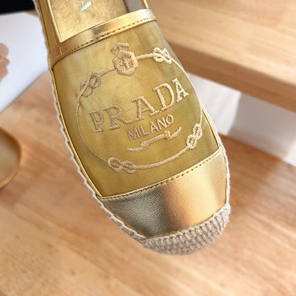 PRADA 26S EMBROIDERED LOGO ESPADRILLE FLATS IN GOLD MESH AND CALFSKIN