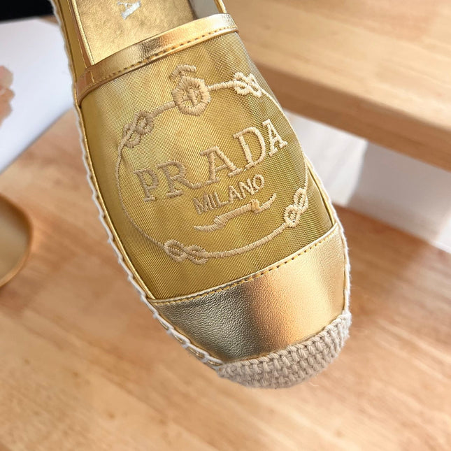 PRADA 26S EMBROIDERED LOGO ESPADRILLE FLATS IN GOLD MESH AND CALFSKIN