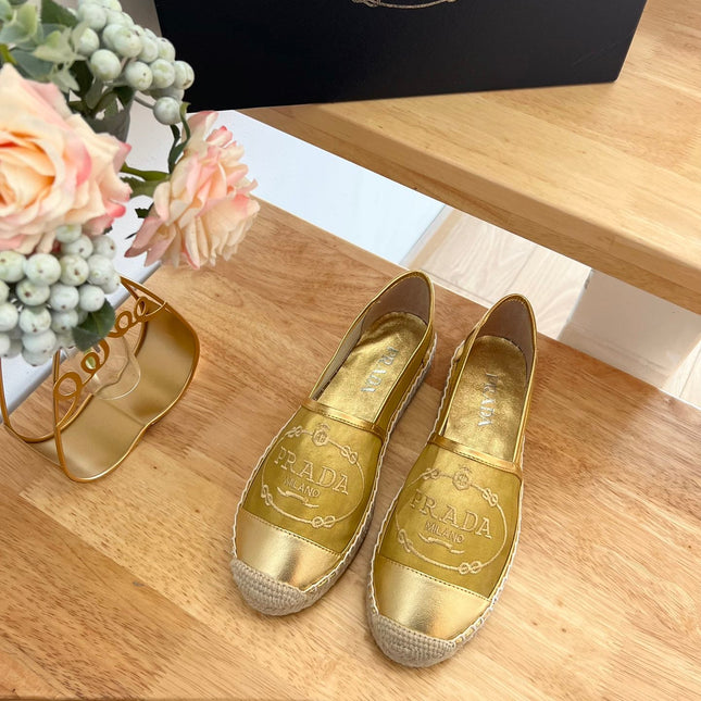 PRADA 26S EMBROIDERED LOGO ESPADRILLE FLATS IN GOLD MESH AND CALFSKIN