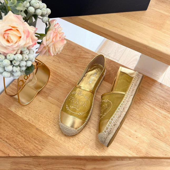 PRADA 26S EMBROIDERED LOGO ESPADRILLE FLATS IN GOLD MESH AND CALFSKIN
