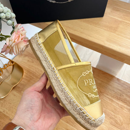 PRADA 26S EMBROIDERED LOGO ESPADRILLE FLATS IN GOLD MESH AND CALFSKIN