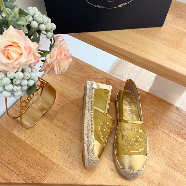 PRADA 26S EMBROIDERED LOGO ESPADRILLE FLATS IN GOLD MESH AND CALFSKIN