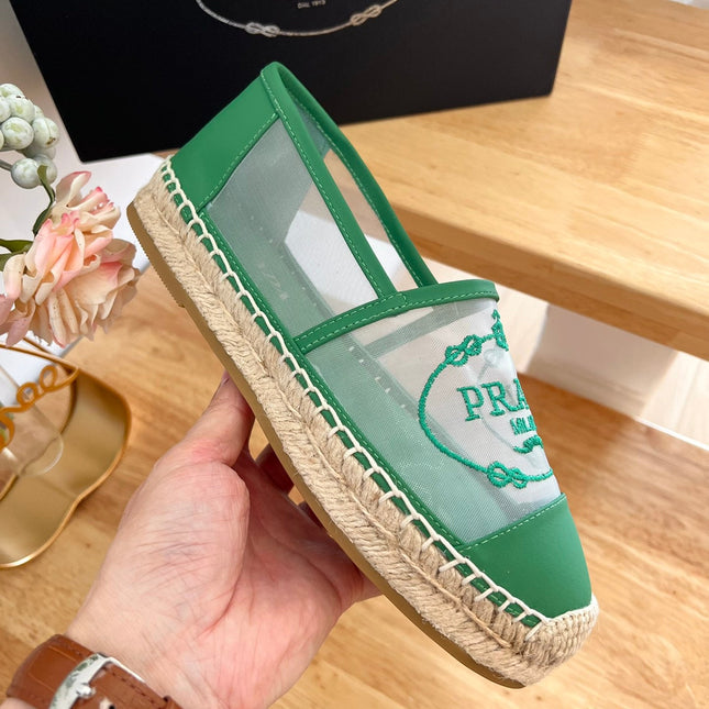 PRADA 26S EMBROIDERED LOGO ESPADRILLE FLATS IN GREEN MESH AND CALFSKIN