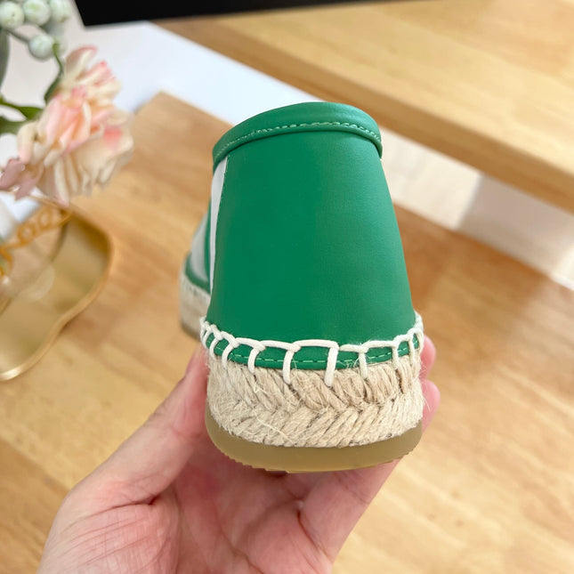 PRADA 26S EMBROIDERED LOGO ESPADRILLE FLATS IN GREEN MESH AND CALFSKIN