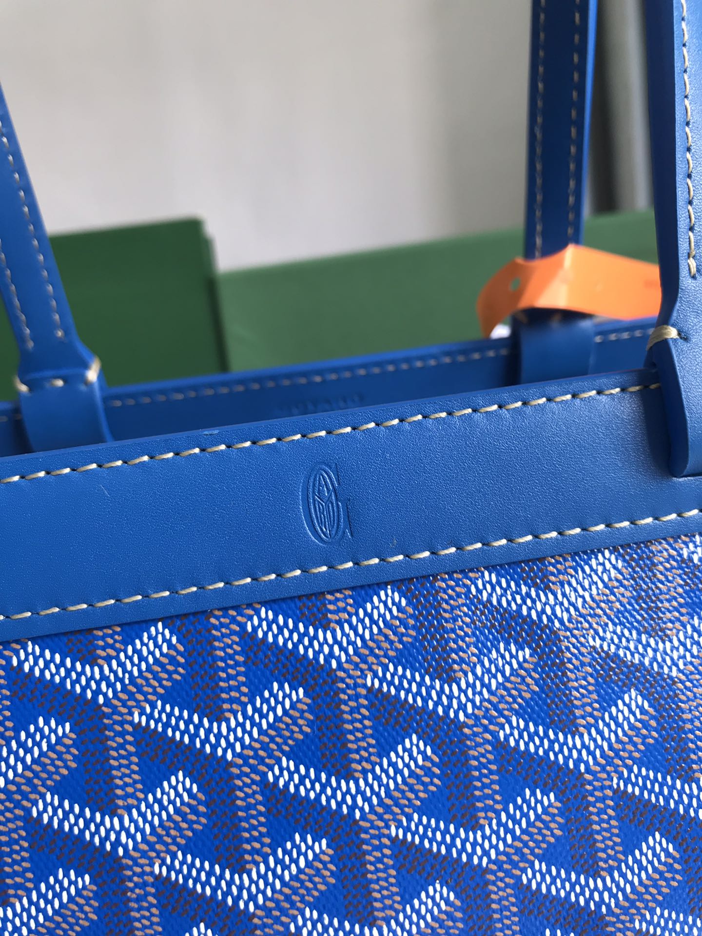 BELLECHASSE BIAUDE PM BAG 36 IN BLUE GOYARDINE CANVAS AND CALFSKIN TRIM