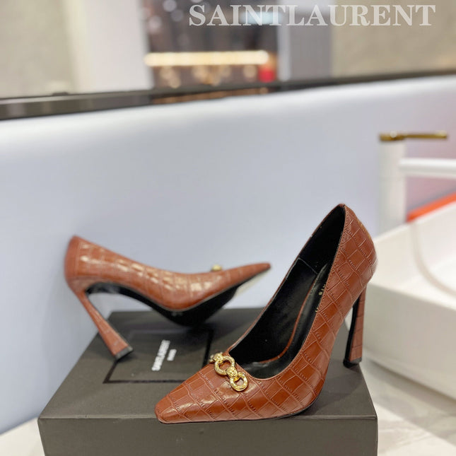 SL SILVANA CROCODILE MOTIF CHAIN PUMPS BROWN CALFSKIN