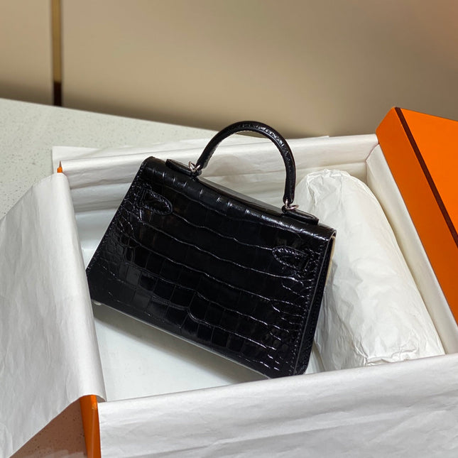 HERMES 25S MINI KELLY 19 IN BLACK CALFSKIN SILVER HARDWARE