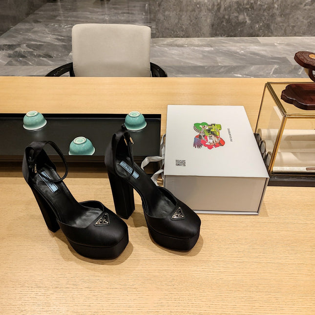PRADA 26S PLATFORM ANKLE STRAP PUMPS 135MM IN BLACK SATIN