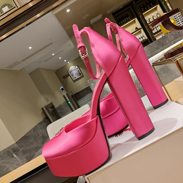 PRADA 26S PLATFORM ANKLE STRAP PUMPS 135MM IN PINK SATIN