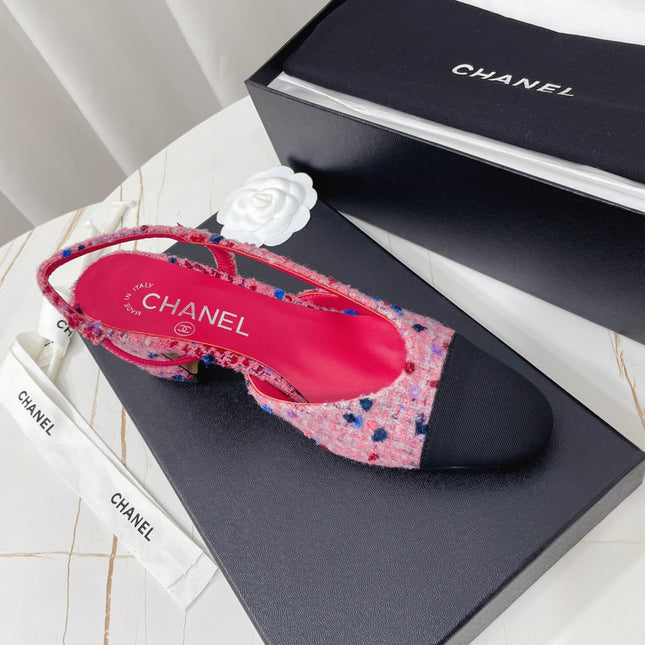 CHANEL 26S HIGH-HEEL SLINGBACKS 65 MM IN BLACK MIX PINK TWEED