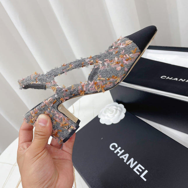 CHANEL 26S HIGH-HEEL SLINGBACKS 65 MM IN BLACK MIX GREY TWEED