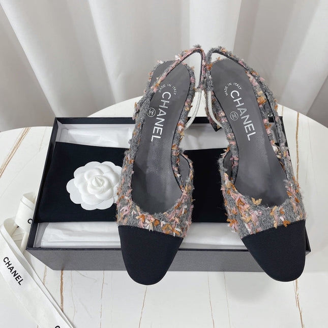 CHANEL 26S HIGH-HEEL SLINGBACKS 65 MM IN BLACK MIX GREY TWEED