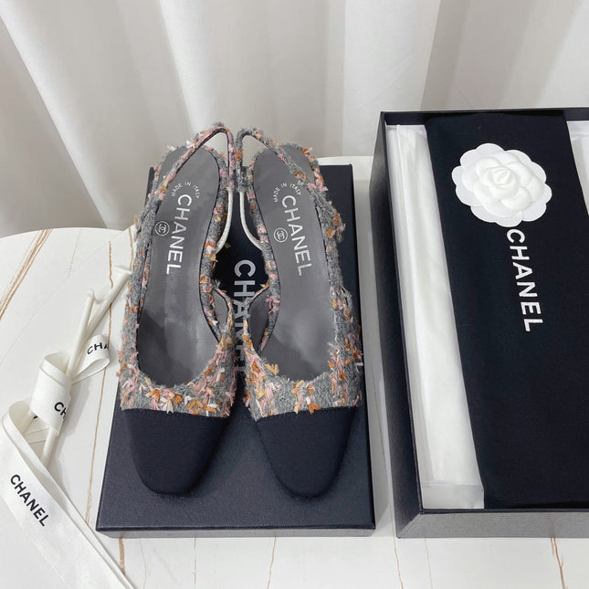 CHANEL 26S HIGH-HEEL SLINGBACKS 65 MM IN BLACK MIX GREY TWEED