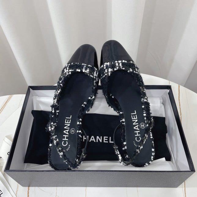 CHANEL 26S HIGH-HEEL SLINGBACKS 65 MM IN BLACK MIX WHITE TWEED