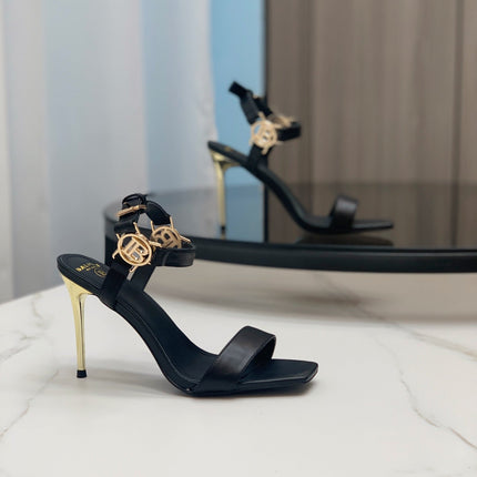 BALMAIN 25S HIGH HEELS WITH B METAL DETAIL 95MM IN BLACK CALFSKIN