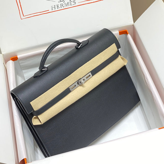 KELLY DEPECHES 38 BRIEFCASE IN BLACK TOGO CALFSKIN SILVER HARDWARE