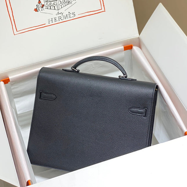 KELLY DEPECHES 34 BRIEFCASE IN BLACK TOGO CALFSKIN SILVER HARDWARE