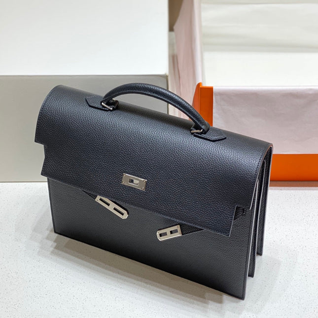 KELLY DEPECHES 34 BRIEFCASE IN BLACK TOGO CALFSKIN SILVER HARDWARE